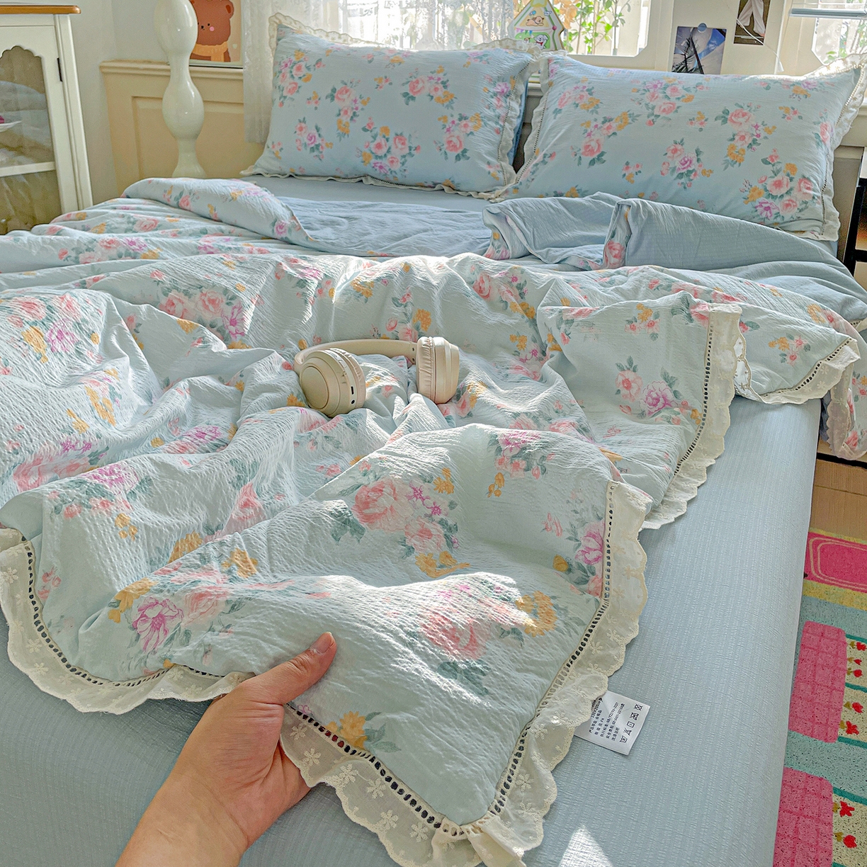 91家纺网 家纺一手货源 找家纺 （总）暖芯优选 2025新款皱皱双层纱全棉花边夏被夏凉被空调被三件套