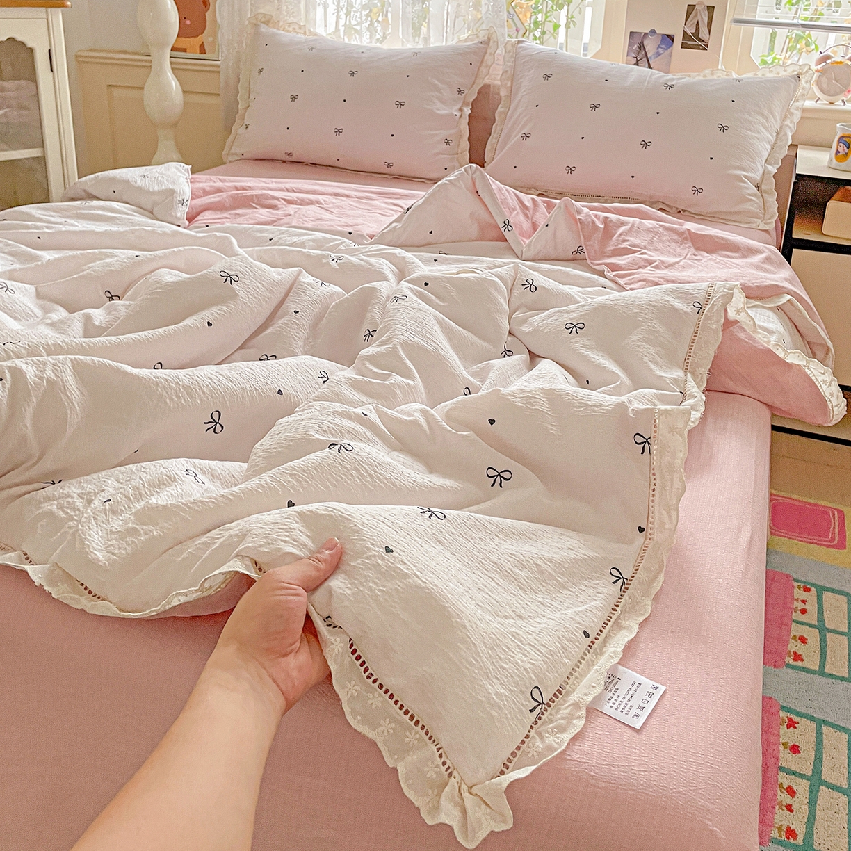 91家纺网 家纺一手货源 找家纺 （总）暖芯优选 2025新款皱皱双层纱全棉花边夏被夏凉被空调被三件套