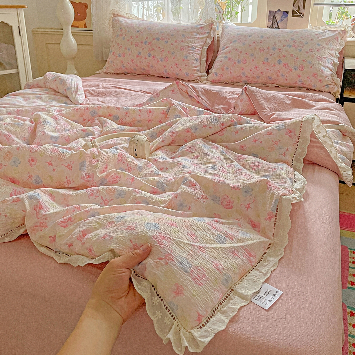 91家纺网 家纺一手货源 找家纺 （总）暖芯优选 2025新款皱皱双层纱全棉花边夏被夏凉被空调被三件套