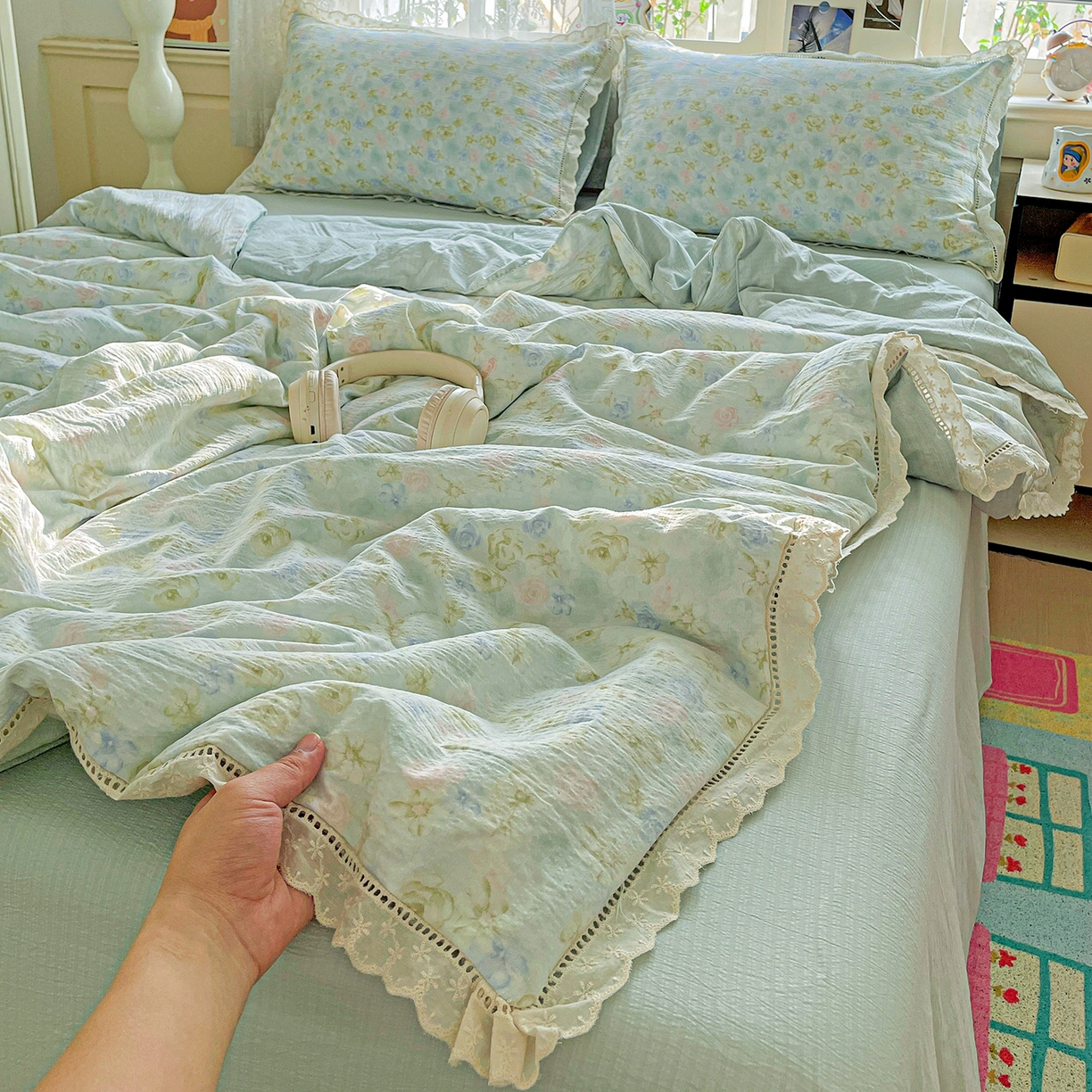 暖芯优选 2025新款皱皱双层纱全棉花边夏被夏凉被空调被三件套 微凉薄荷