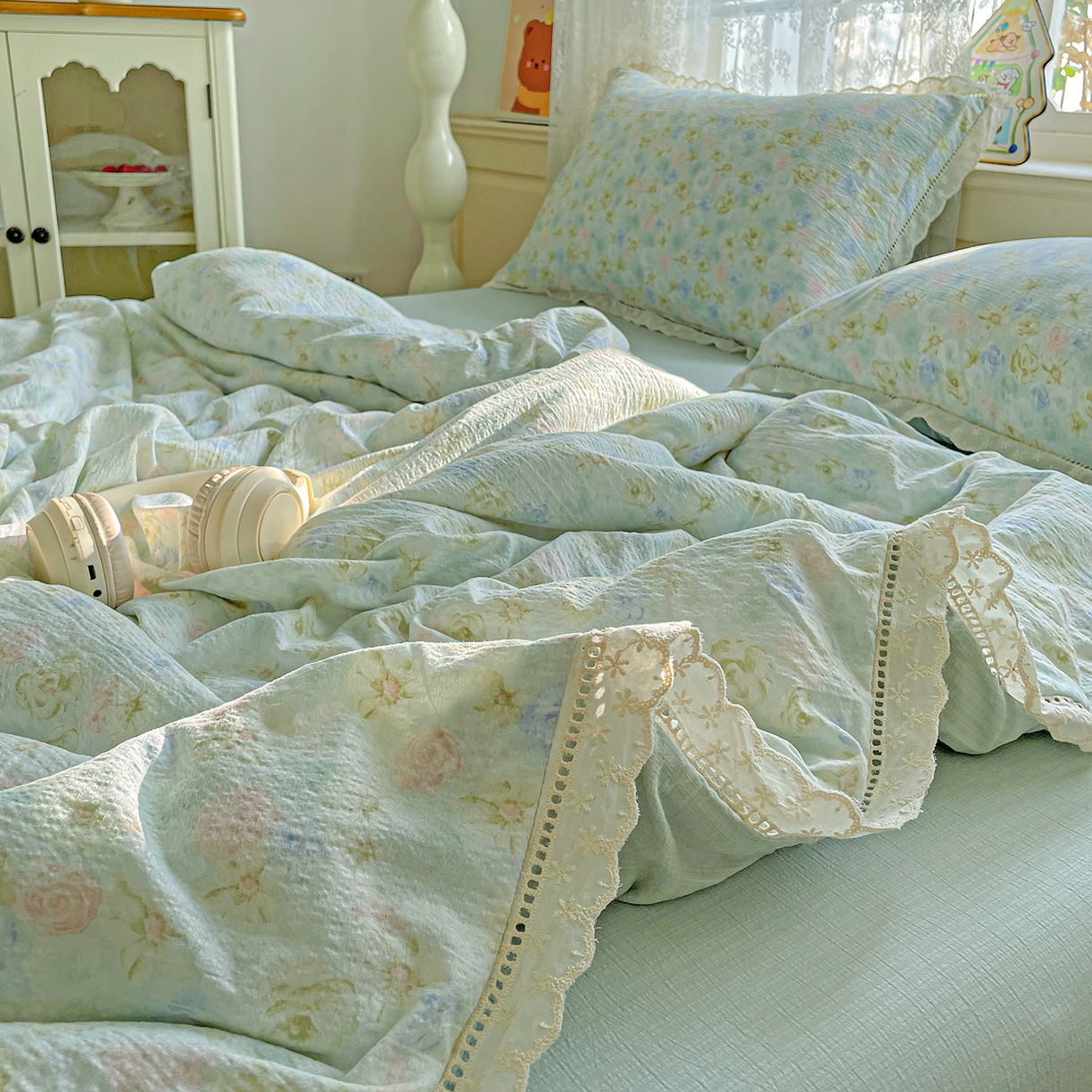 91家纺网 家纺一手货源 找家纺 暖芯优选 2025新款皱皱双层纱全棉花边夏被夏凉被空调被三件套 微凉薄荷