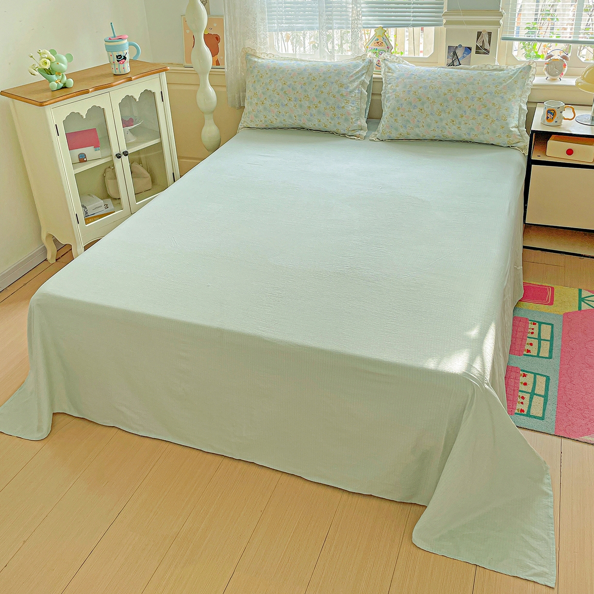 91家纺网 家纺一手货源 找家纺 暖芯优选 2025新款皱皱双层纱全棉花边夏被夏凉被空调被三件套 微凉薄荷