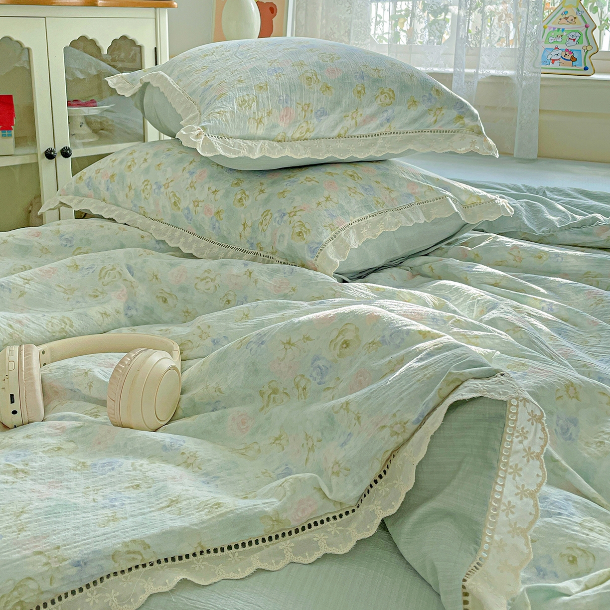 91家纺网 家纺一手货源 找家纺 暖芯优选 2025新款皱皱双层纱全棉花边夏被夏凉被空调被三件套 微凉薄荷