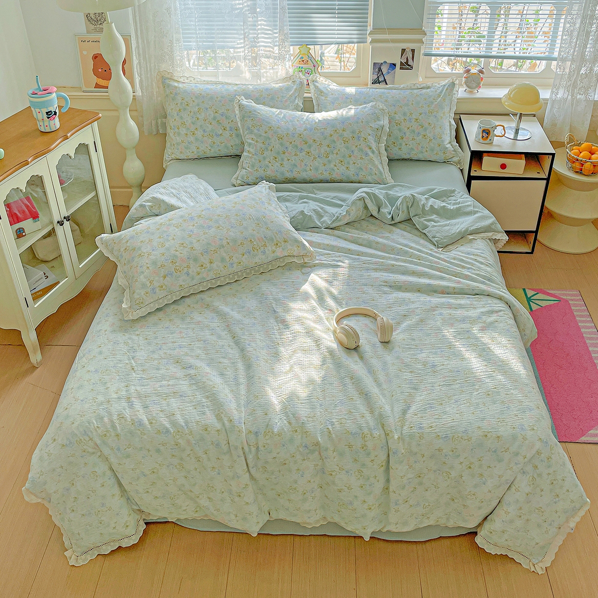 91家纺网 家纺一手货源 找家纺 暖芯优选 2025新款皱皱双层纱全棉花边夏被夏凉被空调被三件套 微凉薄荷