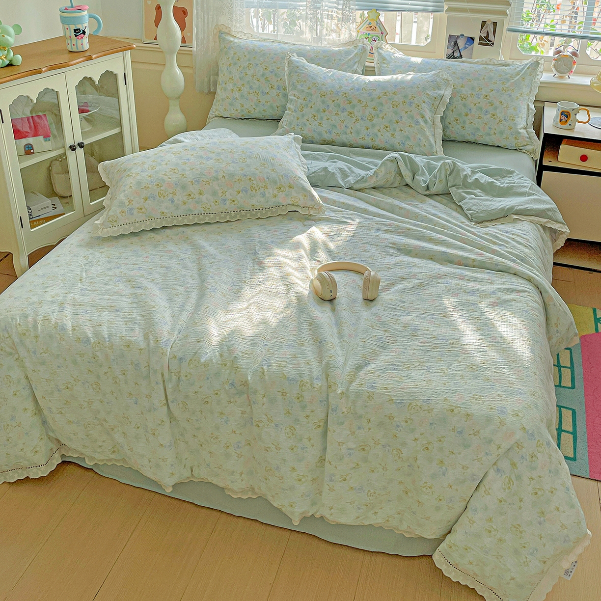 91家纺网 家纺一手货源 找家纺 暖芯优选 2025新款皱皱双层纱全棉花边夏被夏凉被空调被三件套 微凉薄荷