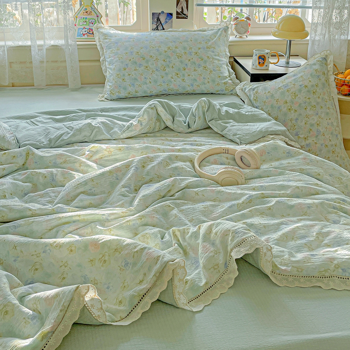 91家纺网 家纺一手货源 找家纺 暖芯优选 2025新款皱皱双层纱全棉花边夏被夏凉被空调被三件套 微凉薄荷