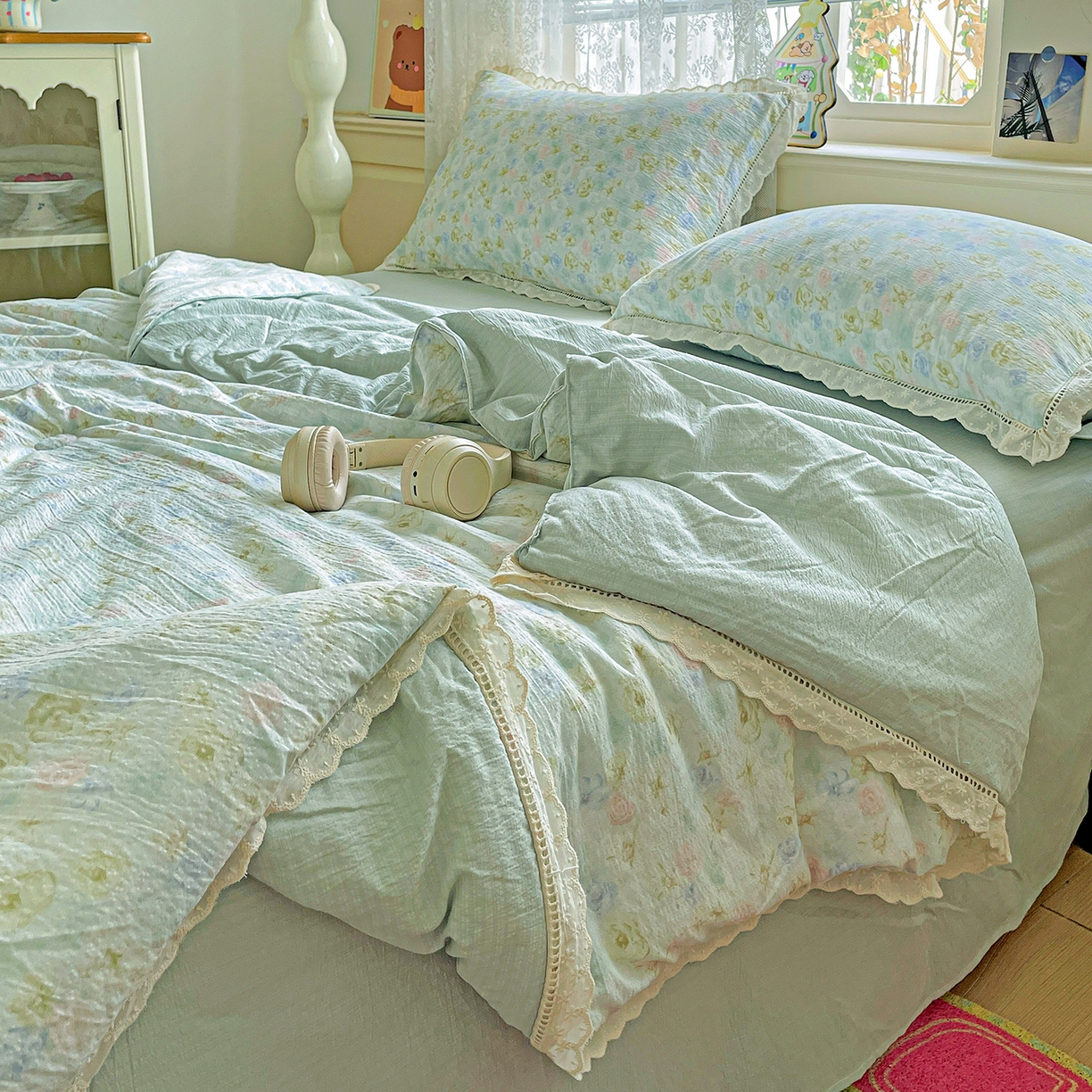 91家纺网 家纺一手货源 找家纺 暖芯优选 2025新款皱皱双层纱全棉花边夏被夏凉被空调被三件套 微凉薄荷