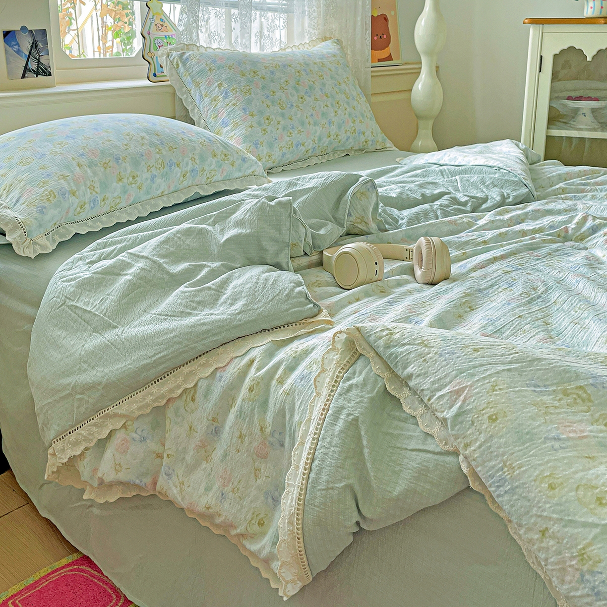 91家纺网 家纺一手货源 找家纺 暖芯优选 2025新款皱皱双层纱全棉花边夏被夏凉被空调被三件套 微凉薄荷