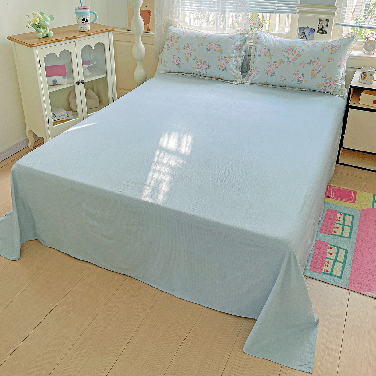 91家纺网 家纺一手货源 找家纺 暖芯优选 2025新款皱皱双层纱全棉花边夏被夏凉被空调被三件套 春天里