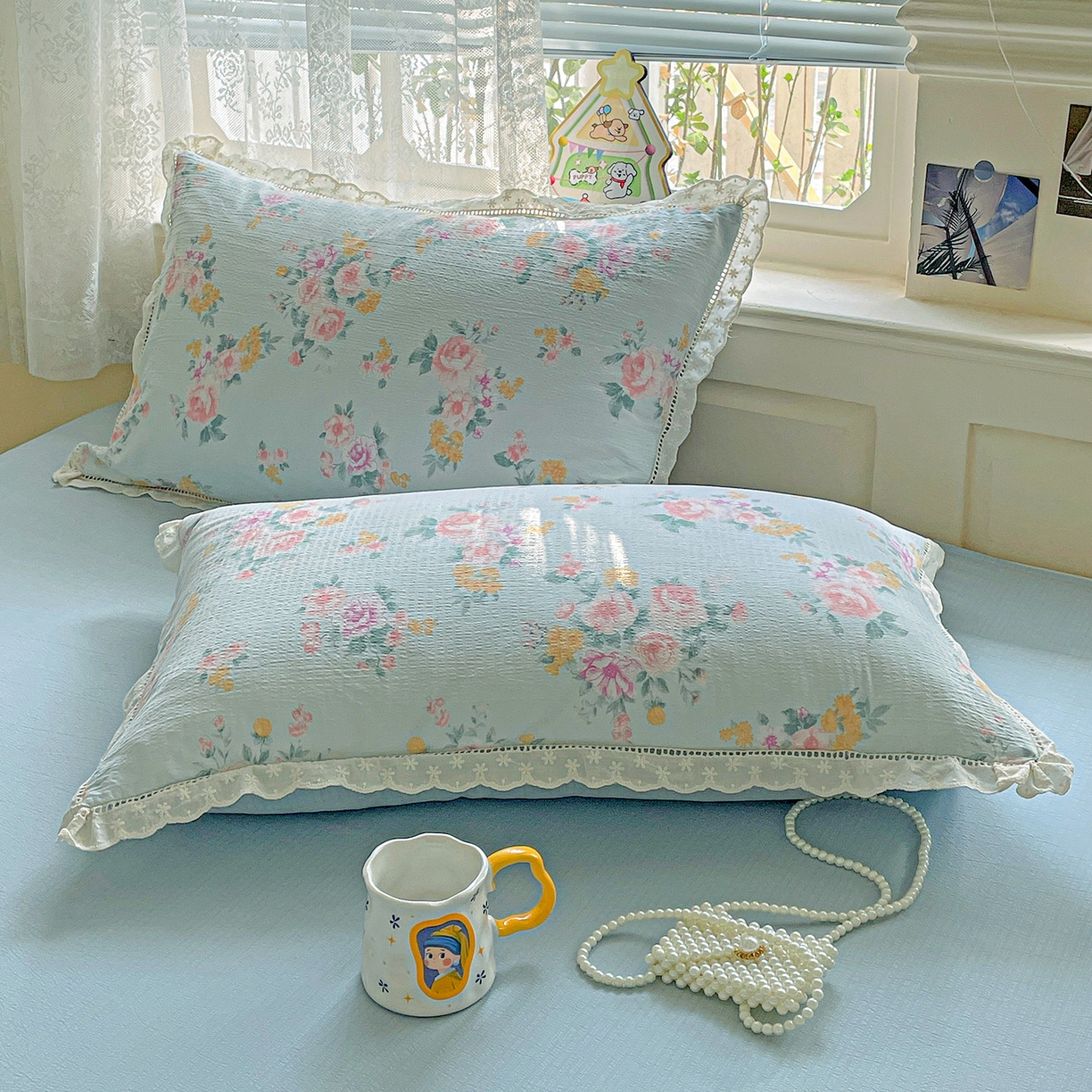 91家纺网 家纺一手货源 找家纺 暖芯优选 2025新款皱皱双层纱全棉花边夏被夏凉被空调被三件套 春天里