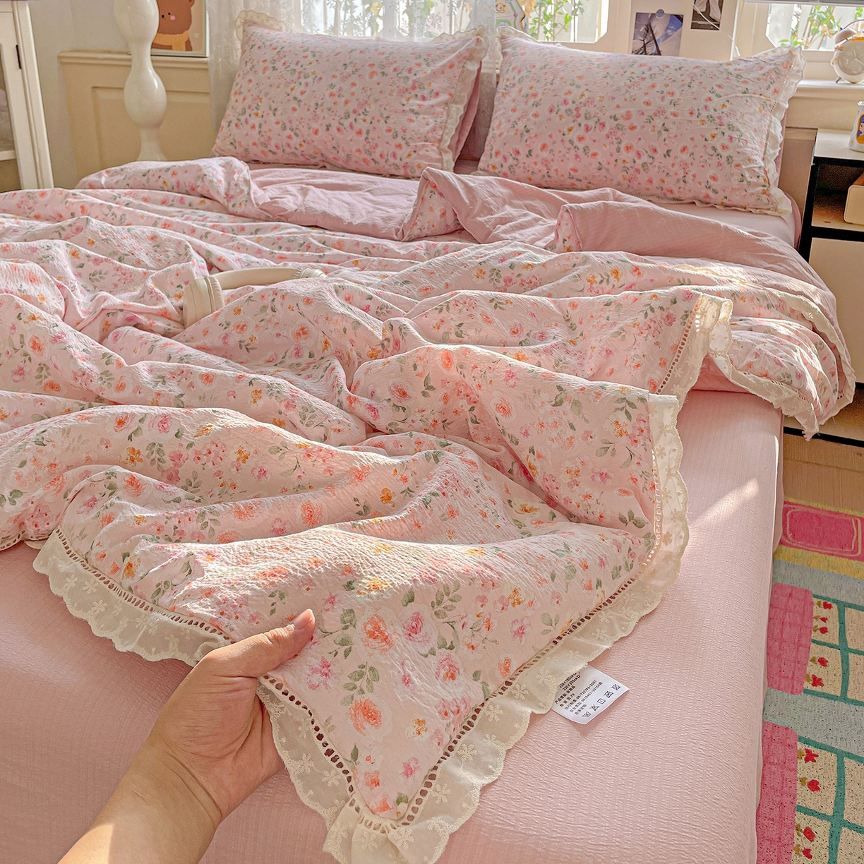 暖芯优选 2025新款皱皱双层纱全棉花边夏被夏凉被空调被三件套 粉妆