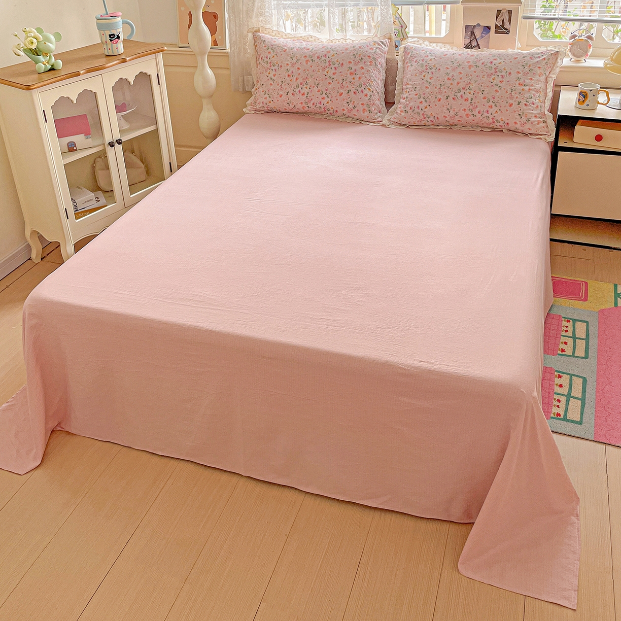 91家纺网 家纺一手货源 找家纺 暖芯优选 2025新款皱皱双层纱全棉花边夏被夏凉被空调被三件套 粉妆