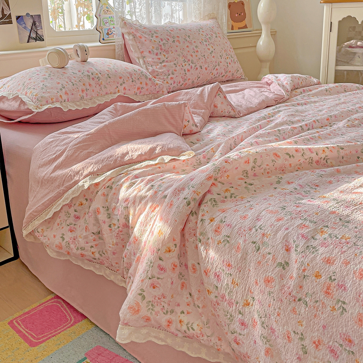 91家纺网 家纺一手货源 找家纺 暖芯优选 2025新款皱皱双层纱全棉花边夏被夏凉被空调被三件套 粉妆