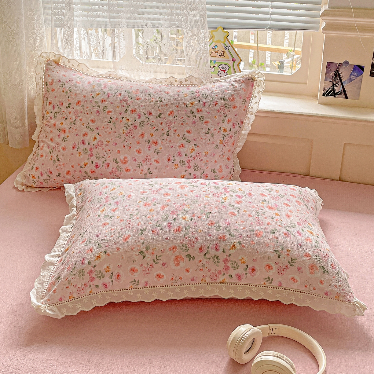 91家纺网 家纺一手货源 找家纺 暖芯优选 2025新款皱皱双层纱全棉花边夏被夏凉被空调被三件套 粉妆