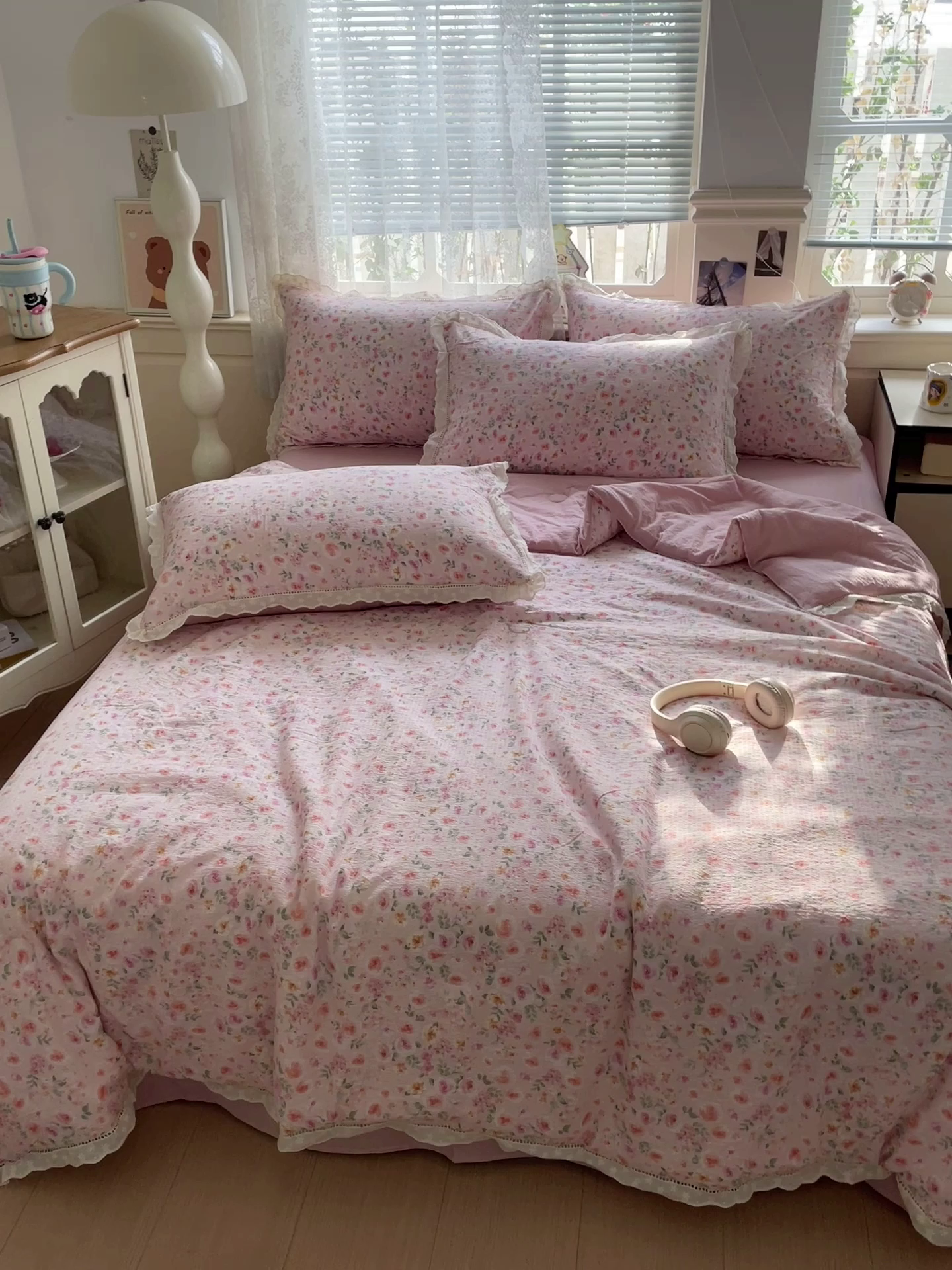 91家纺网 家纺一手货源 找家纺 暖芯优选 2025新款皱皱双层纱全棉花边夏被夏凉被空调被三件套 粉妆