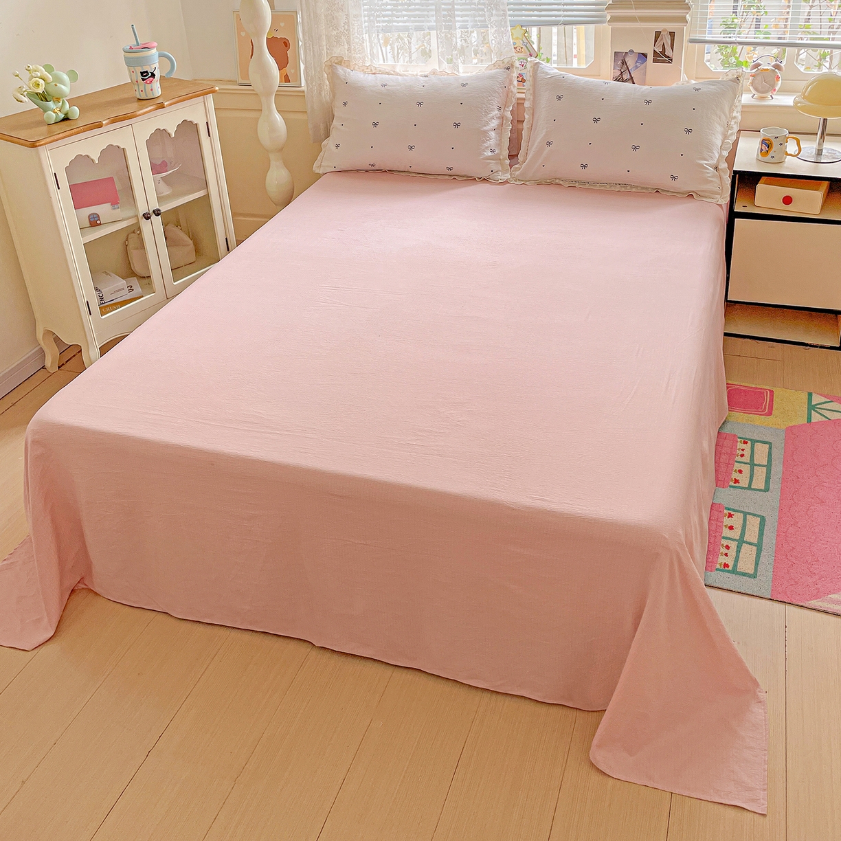 91家纺网 家纺一手货源 找家纺 暖芯优选 2025新款皱皱双层纱全棉花边夏被夏凉被空调被三件套 蝴蝶结