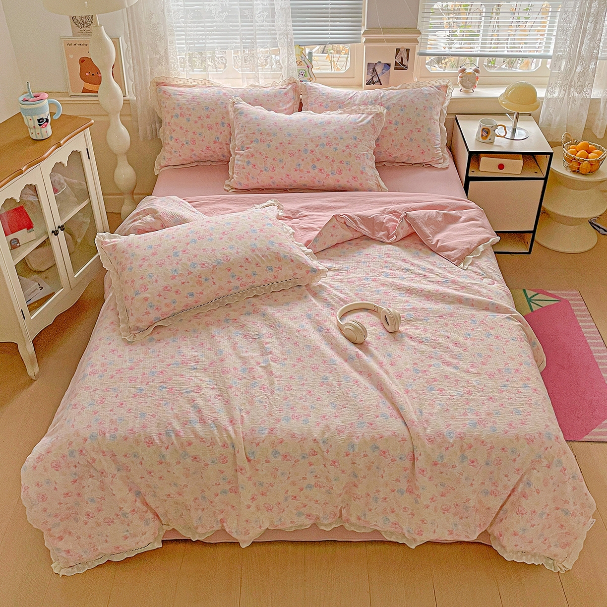 91家纺网 家纺一手货源 找家纺 暖芯优选 2025新款皱皱双层纱全棉花边夏被夏凉被空调被三件套 花涧