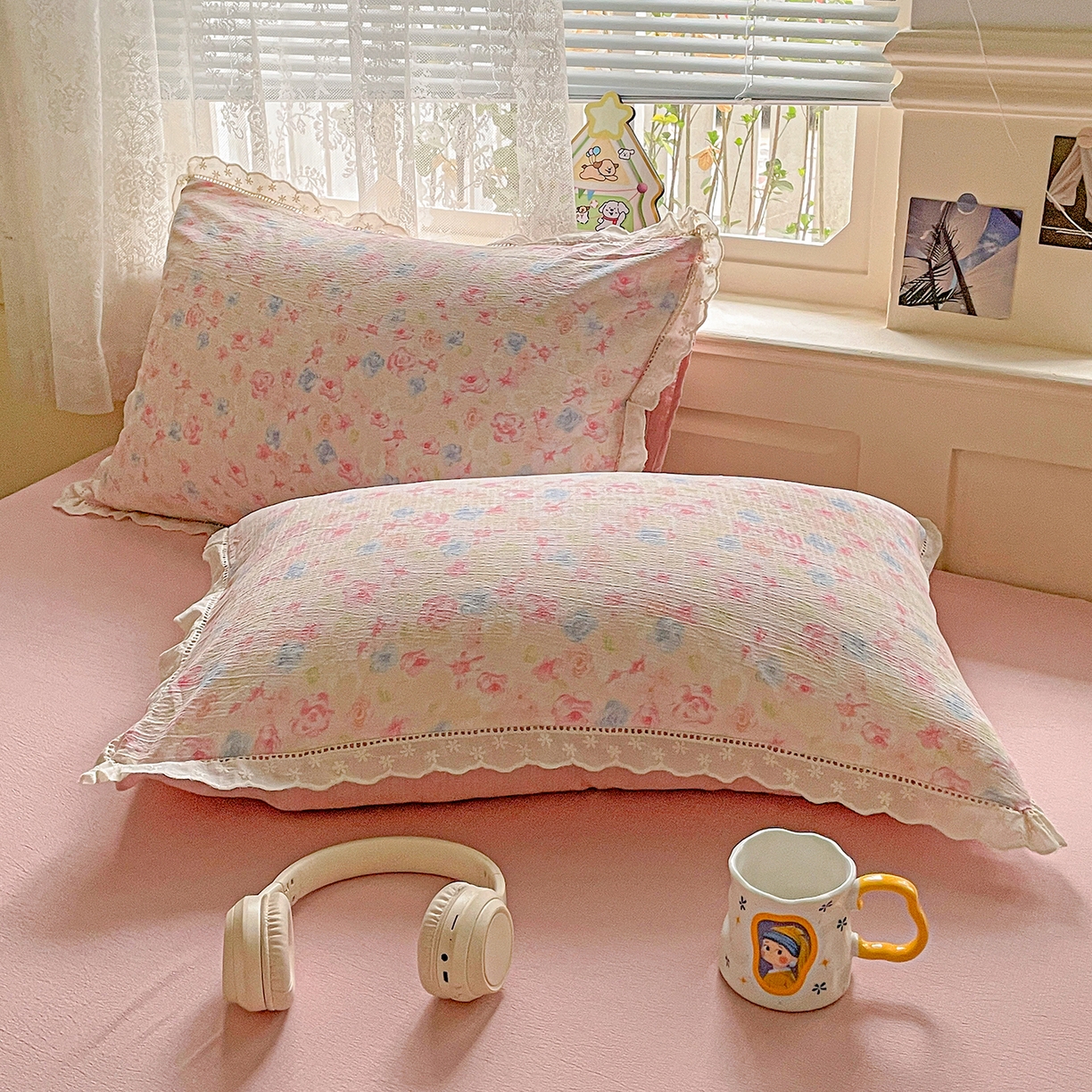 91家纺网 家纺一手货源 找家纺 暖芯优选 2025新款皱皱双层纱全棉花边夏被夏凉被空调被三件套 花涧