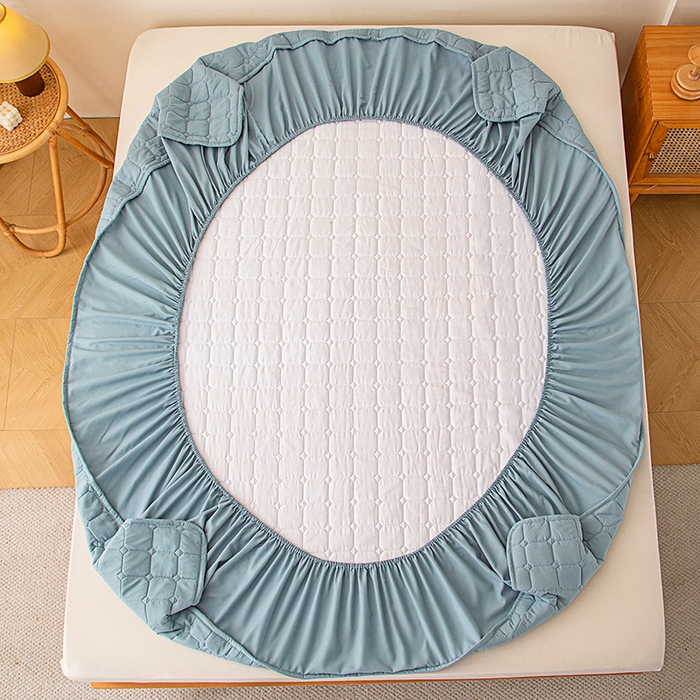 91家纺网 家纺一手货源 找家纺 锦眠 2025新款亲肤面包格夹棉床笠 蓝色