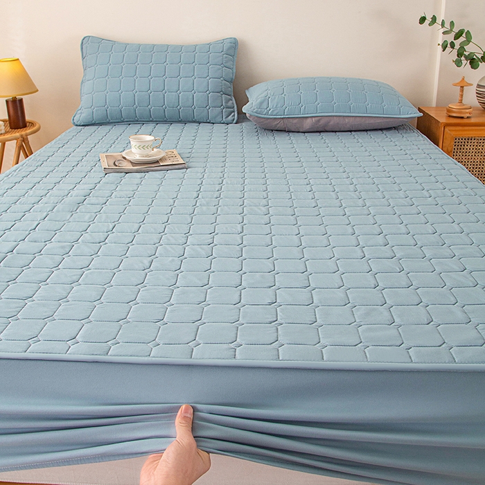 91家纺网 家纺一手货源 找家纺 锦眠 2025新款亲肤面包格夹棉床笠 蓝色