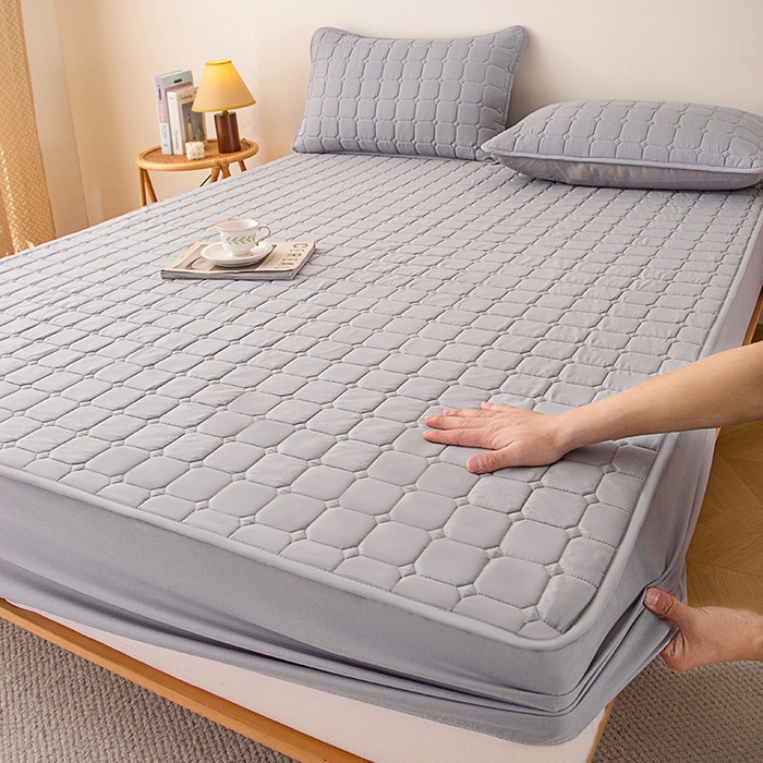 91家纺网 家纺一手货源 找家纺 锦眠 2025新款亲肤面包格夹棉床笠 灰色