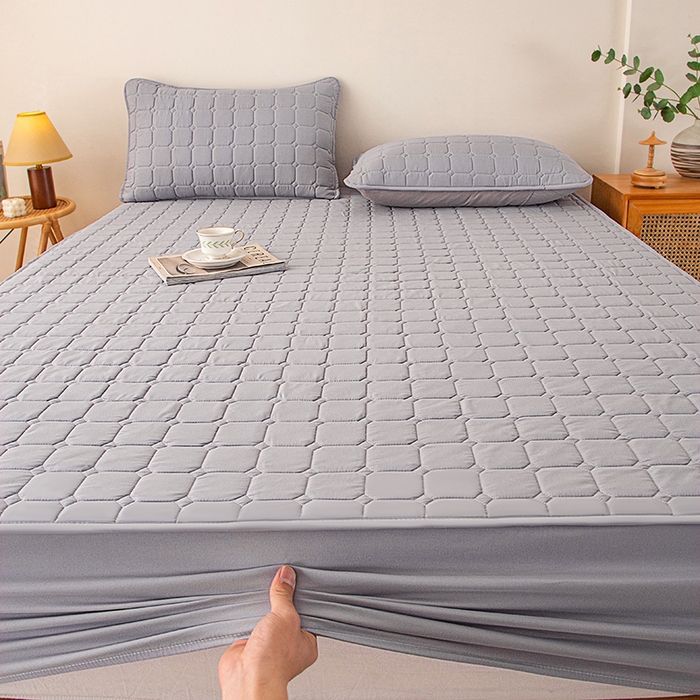 91家纺网 家纺一手货源 找家纺 锦眠 2025新款亲肤面包格夹棉床笠 灰色