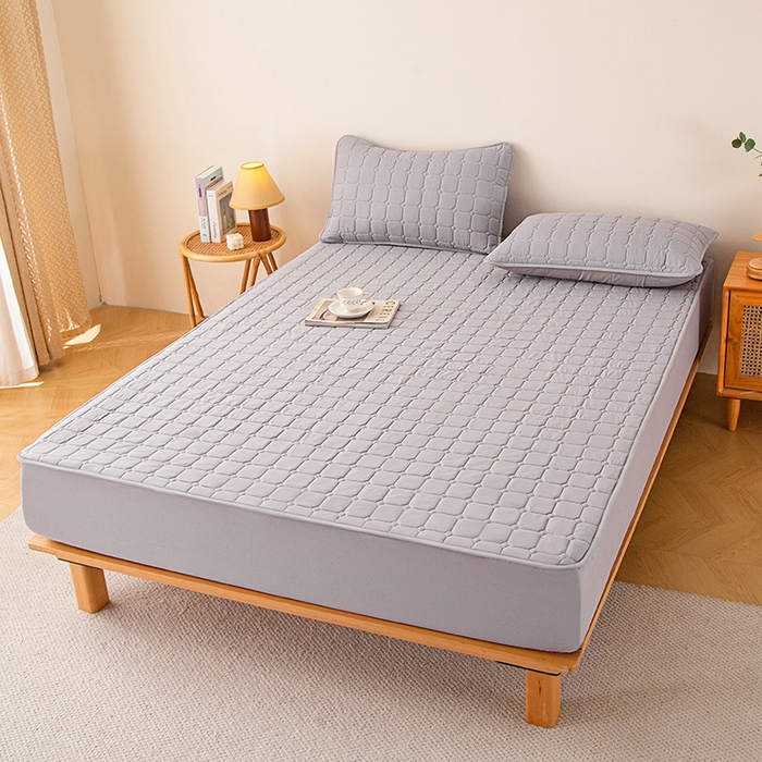 91家纺网 家纺一手货源 找家纺 锦眠 2025新款亲肤面包格夹棉床笠 灰色