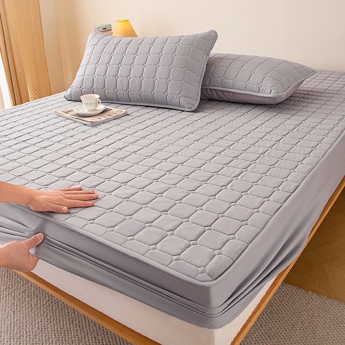 91家纺网 家纺一手货源 找家纺 锦眠 2025新款亲肤面包格夹棉床笠 灰色