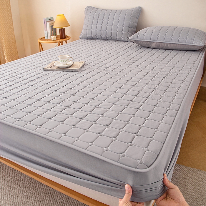 91家纺网 家纺一手货源 找家纺 锦眠 2025新款亲肤面包格夹棉床笠 灰色