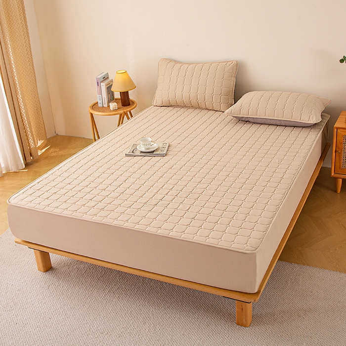 91家纺网 家纺一手货源 找家纺 锦眠 2025新款亲肤面包格夹棉床笠 卡其