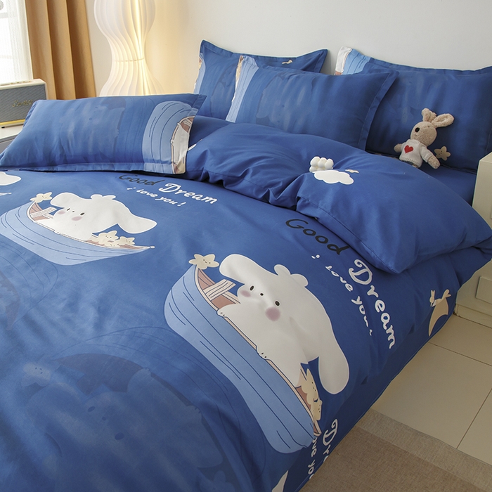 91家纺网 家纺一手货源 找家纺 佑泽家纺 2025活性印花芦荟棉四件套 顽皮小兔