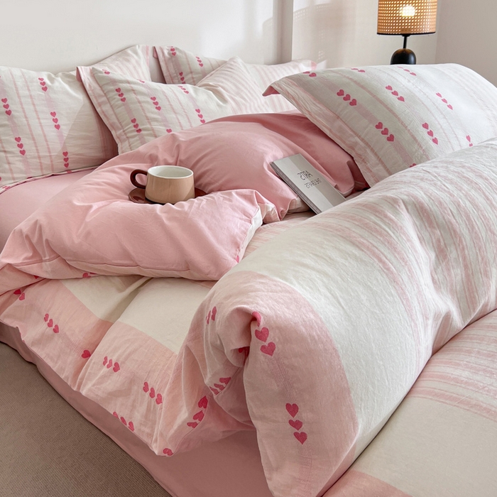 91家纺网 家纺一手货源 找家纺 小懒猪2025色织水洗棉提花四件套 爱心条粉