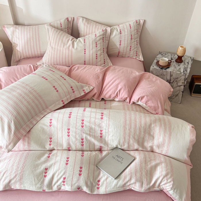 91家纺网 家纺一手货源 找家纺 小懒猪2025色织水洗棉提花四件套 爱心条粉