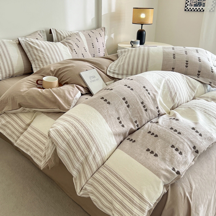 91家纺网 家纺一手货源 找家纺 小懒猪2025色织水洗棉提花四件套 爱心条咖