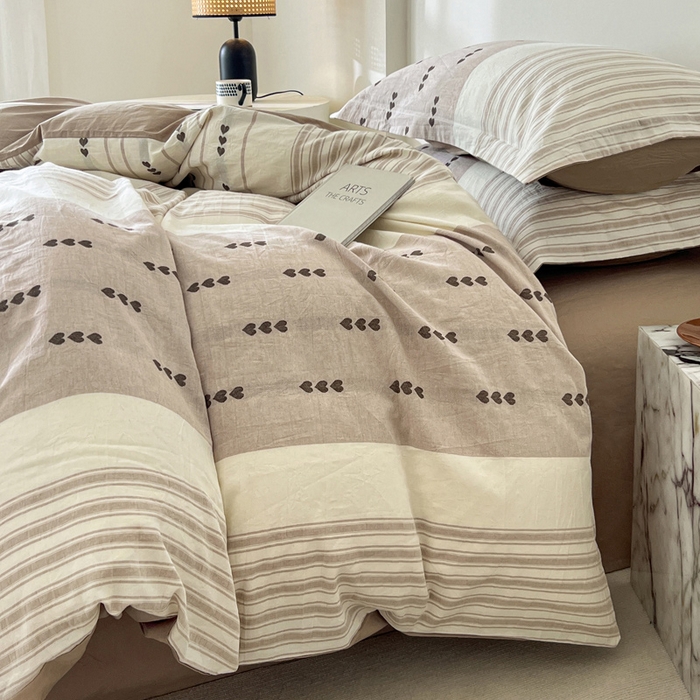 91家纺网 家纺一手货源 找家纺 小懒猪2025色织水洗棉提花四件套 爱心条咖