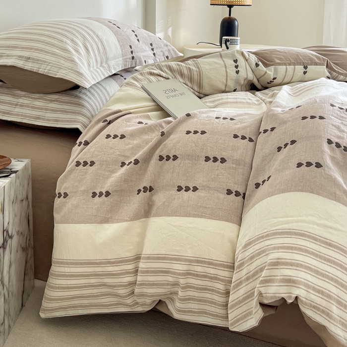 91家纺网 家纺一手货源 找家纺 小懒猪2025色织水洗棉提花四件套 爱心条咖