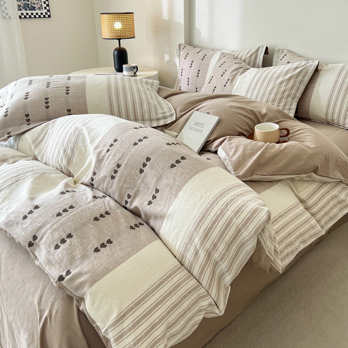 91家纺网 家纺一手货源 找家纺 小懒猪2025色织水洗棉提花四件套 爱心条咖