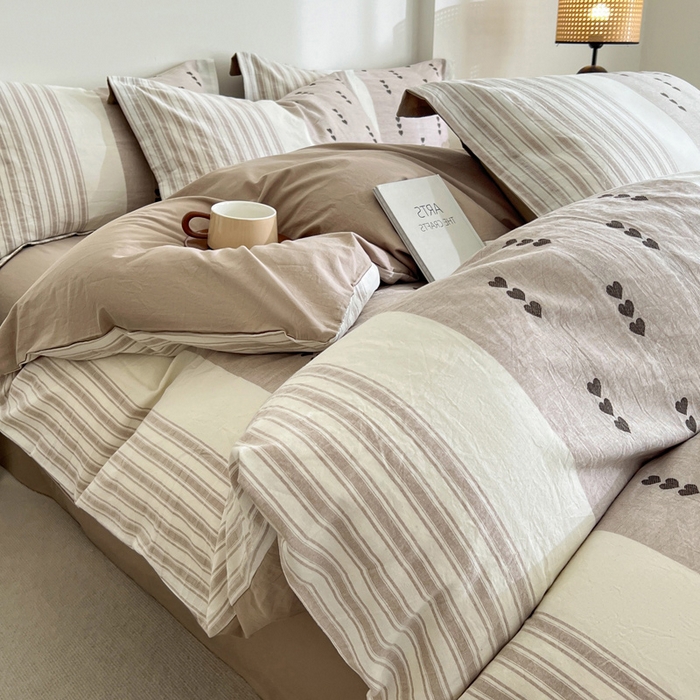 91家纺网 家纺一手货源 找家纺 小懒猪2025色织水洗棉提花四件套 爱心条咖