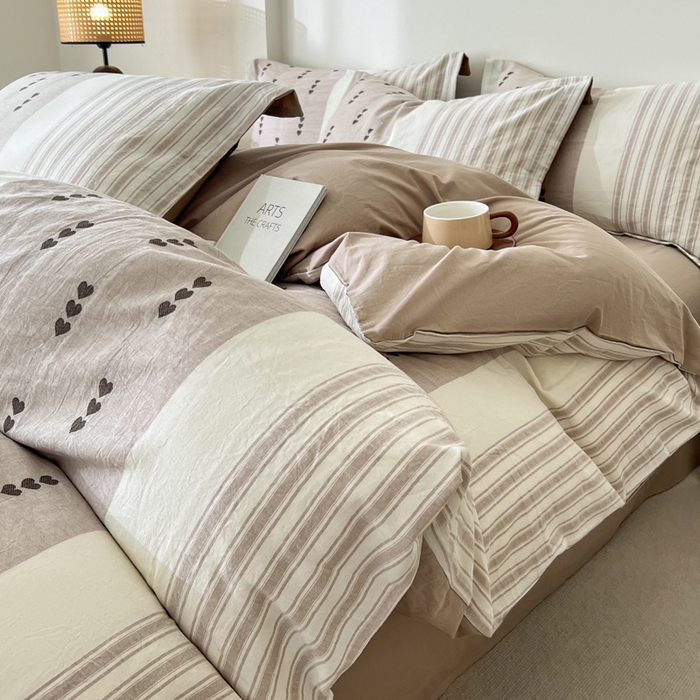 91家纺网 家纺一手货源 找家纺 小懒猪2025色织水洗棉提花四件套 爱心条咖