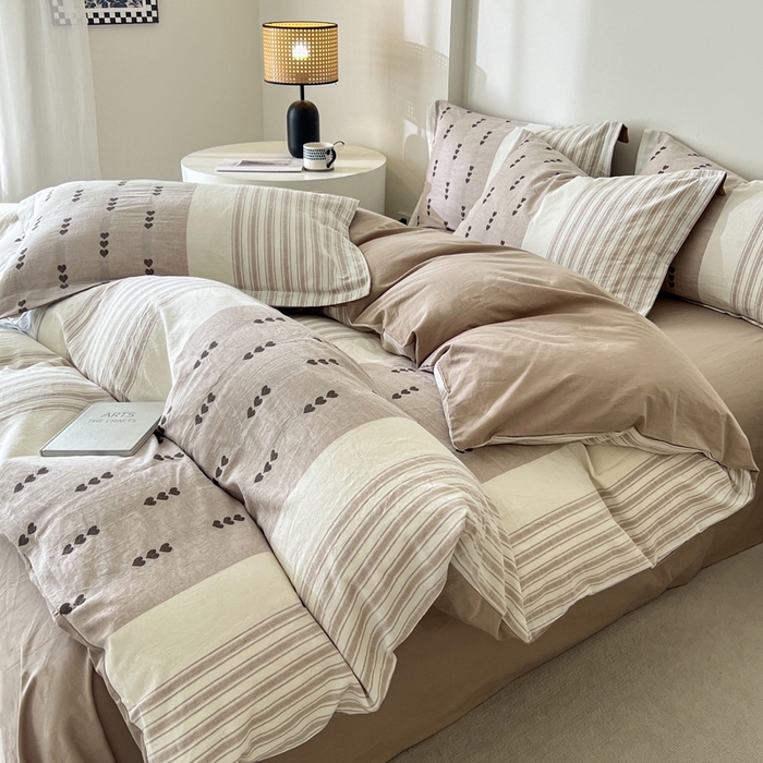 91家纺网 家纺一手货源 找家纺 小懒猪2025色织水洗棉提花四件套 爱心条咖