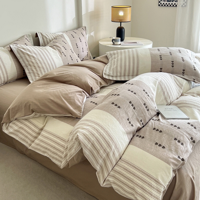 91家纺网 家纺一手货源 找家纺 小懒猪2025色织水洗棉提花四件套 爱心条咖