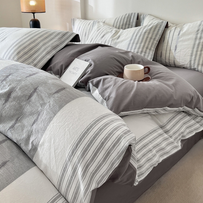 91家纺网 家纺一手货源 找家纺 小懒猪2025色织水洗棉提花四件套 小叶条灰