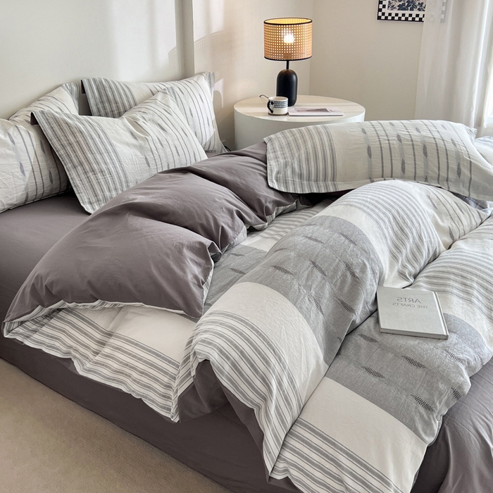 91家纺网 家纺一手货源 找家纺 小懒猪2025色织水洗棉提花四件套 小叶条灰