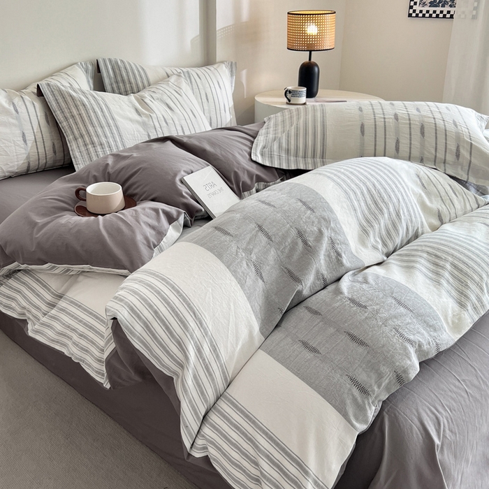 91家纺网 家纺一手货源 找家纺 小懒猪2025色织水洗棉提花四件套 小叶条灰