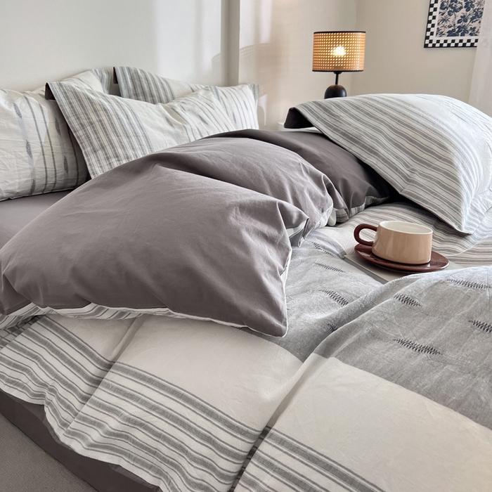 91家纺网 家纺一手货源 找家纺 小懒猪2025色织水洗棉提花四件套 小叶条灰