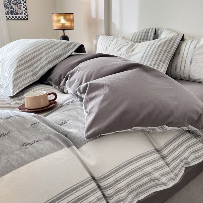 91家纺网 家纺一手货源 找家纺 小懒猪2025色织水洗棉提花四件套 小叶条灰