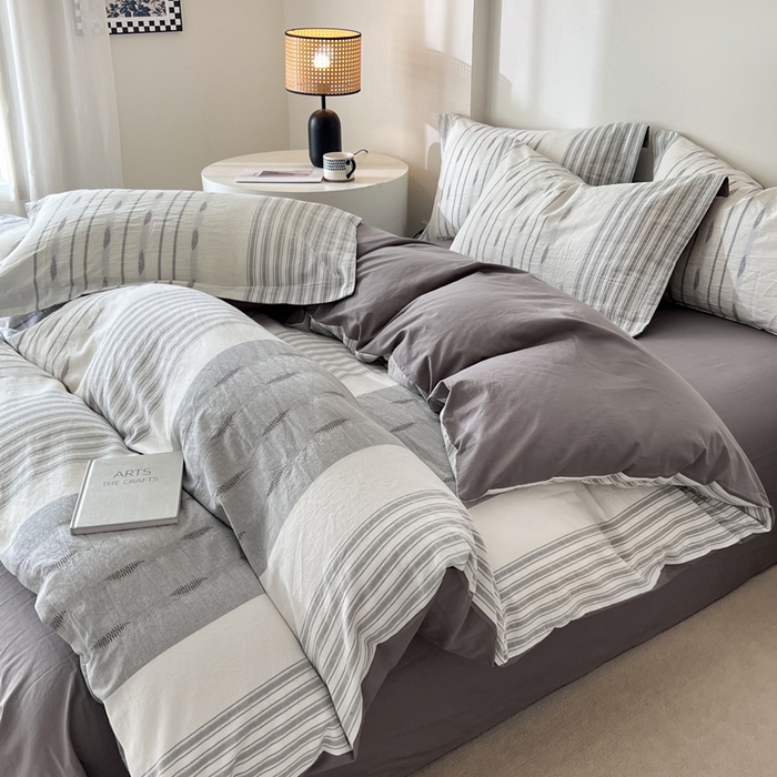 91家纺网 家纺一手货源 找家纺 小懒猪2025色织水洗棉提花四件套 小叶条灰