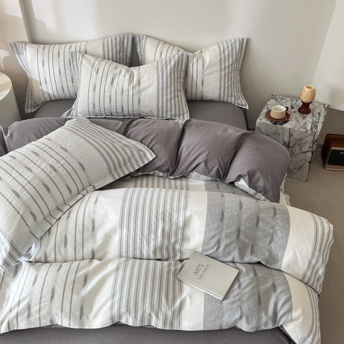 91家纺网 家纺一手货源 找家纺 小懒猪2025色织水洗棉提花四件套 小叶条灰