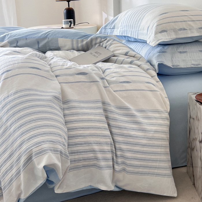 91家纺网 家纺一手货源 找家纺 小懒猪2025色织水洗棉提花四件套 小叶条蓝