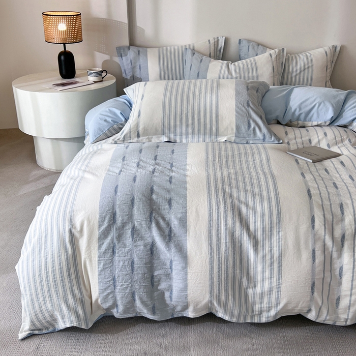 91家纺网 家纺一手货源 找家纺 小懒猪2025色织水洗棉提花四件套 小叶条蓝